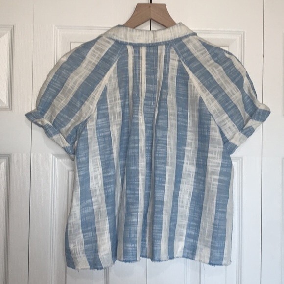 We The Free Away At Sea Striped Linen Blend Button Down Cropped Collared Shirt - Picture 8 of 11